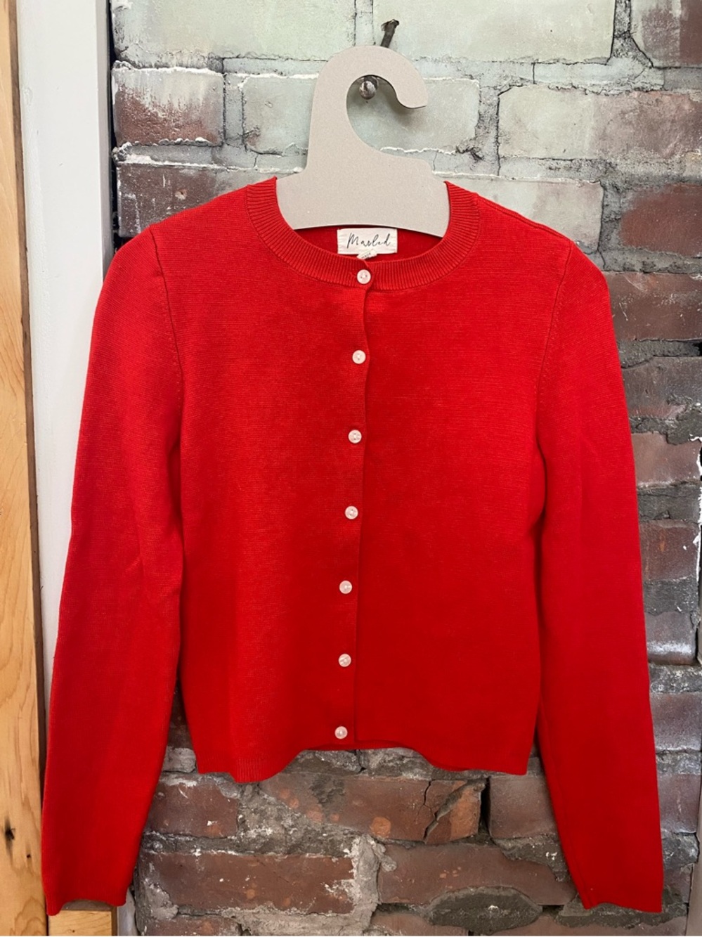 Marled Red Button Front Crewneck Cardigan